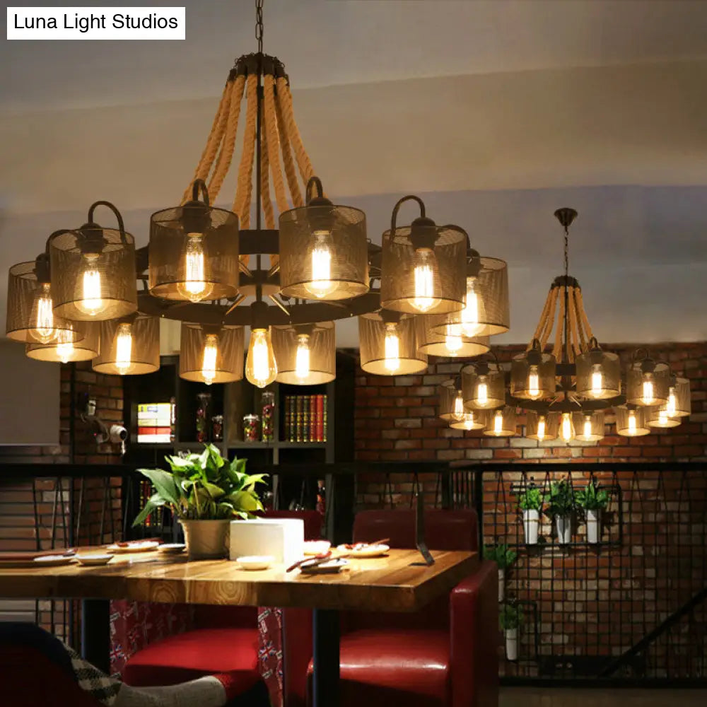 Vintage Iron Wheel Chandelier Pendant Light With Hemp Rope In Black For Restaurants