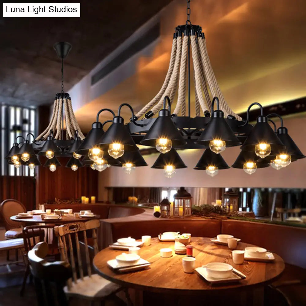 Vintage Iron Wheel Chandelier Pendant Light With Hemp Rope In Black For Restaurants