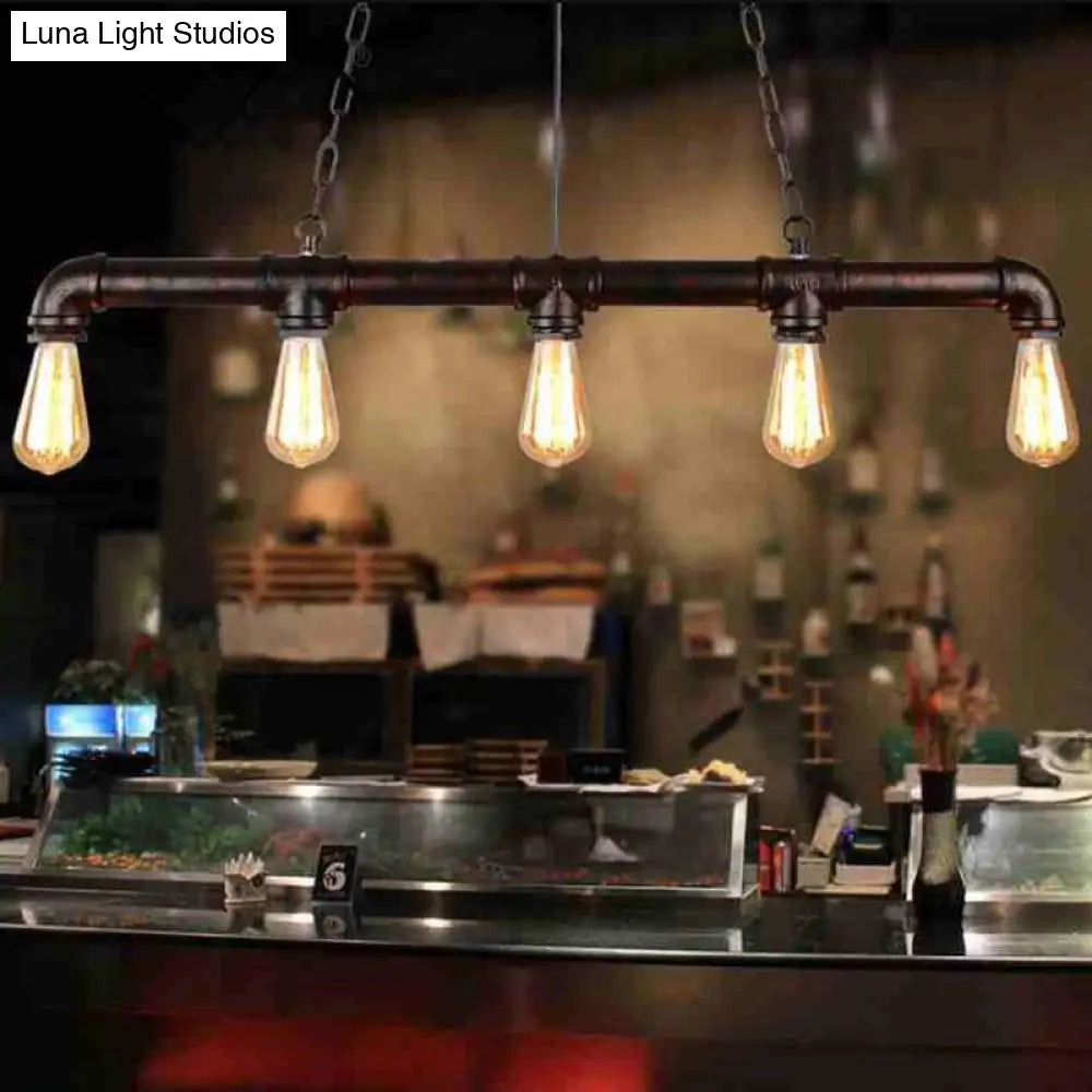 Vintage Linear Pipe Iron Island Ceiling Light - 5 Heads Hanging Pendant For Restaurant