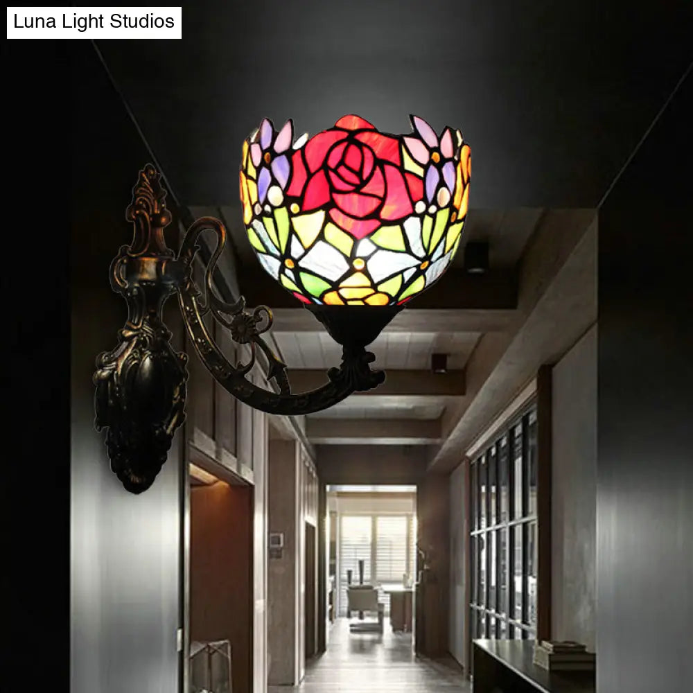 Vintage Loft Style Floral Wall Sconce With Stained Glass Shade - 1 Light Red Indoor Lighting Fixture