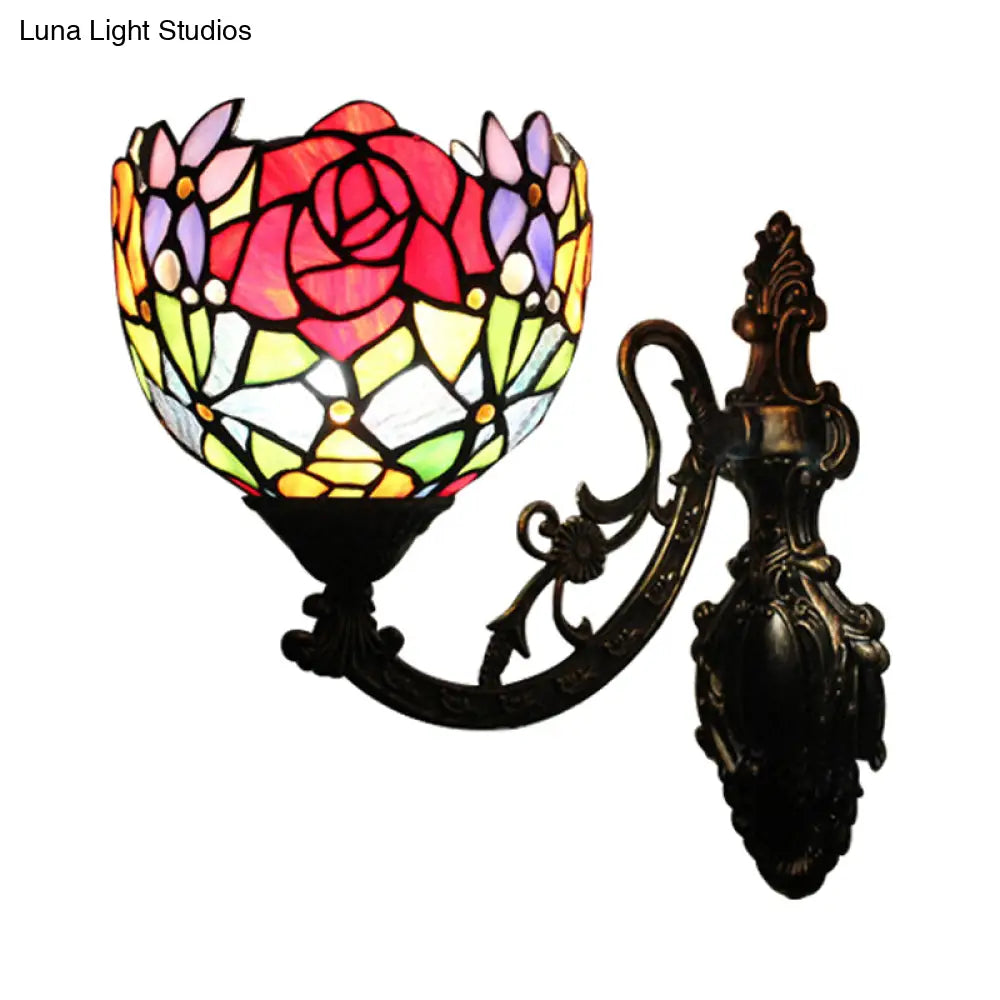 Vintage Loft Style Floral Wall Sconce With Stained Glass Shade - 1 Light Red Indoor Lighting Fixture