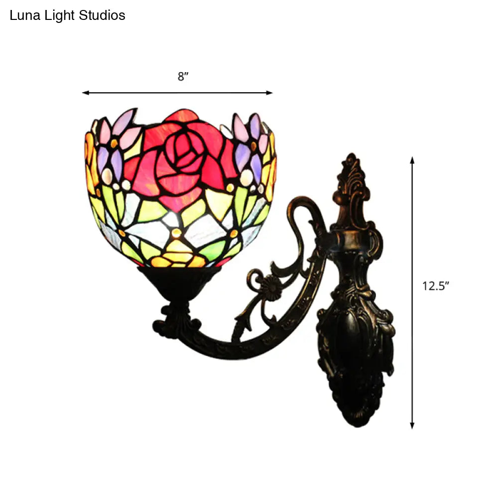 Vintage Loft Style Floral Wall Sconce With Stained Glass Shade - 1 Light Red Indoor Lighting Fixture
