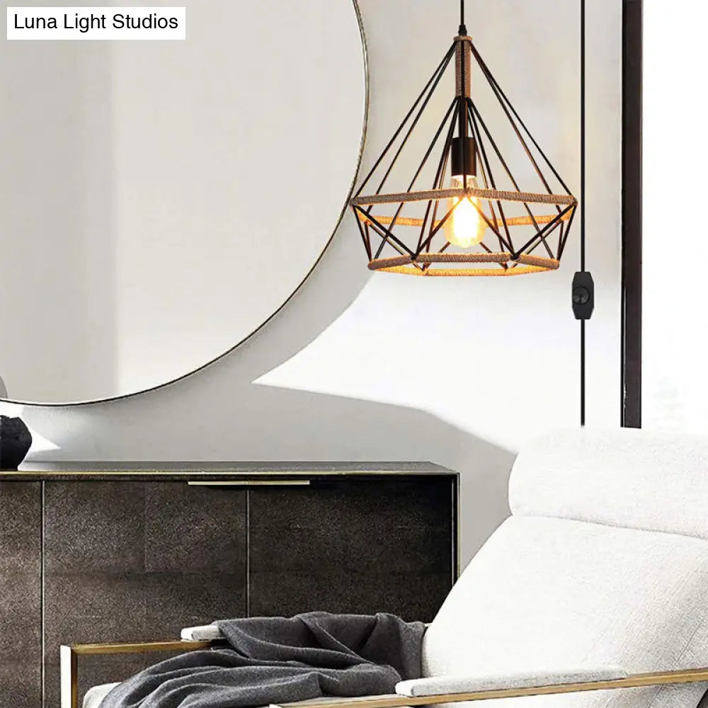 Vintage Metal And Rope Ceiling Pendant: Black Diamond Design With Cage For Coffee Shop Ambiance