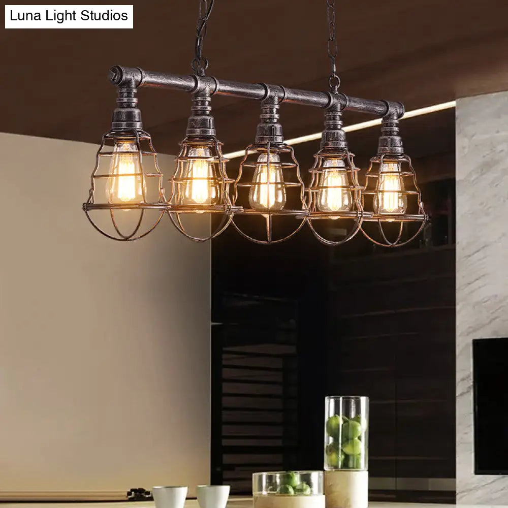 Vintage Metal Caged Island Lamp With 5 Lights - Aged Silver Finish For Dining Room And Billiard