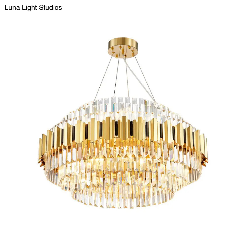 Vintage Metal Chandelier Light With Layered Pendant And Faceted Crystal In Gold For Dining Room