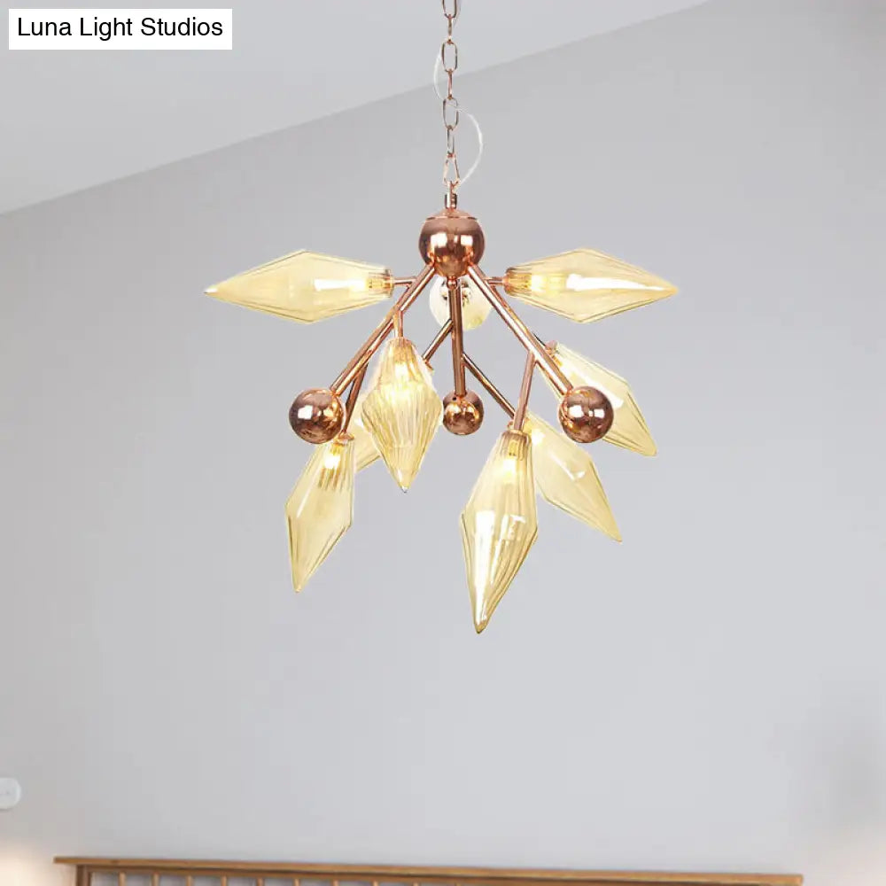 Vintage Metal Chandelier With 9 Lights And Amber/Clear Glass Shades For Dining Room Ceiling