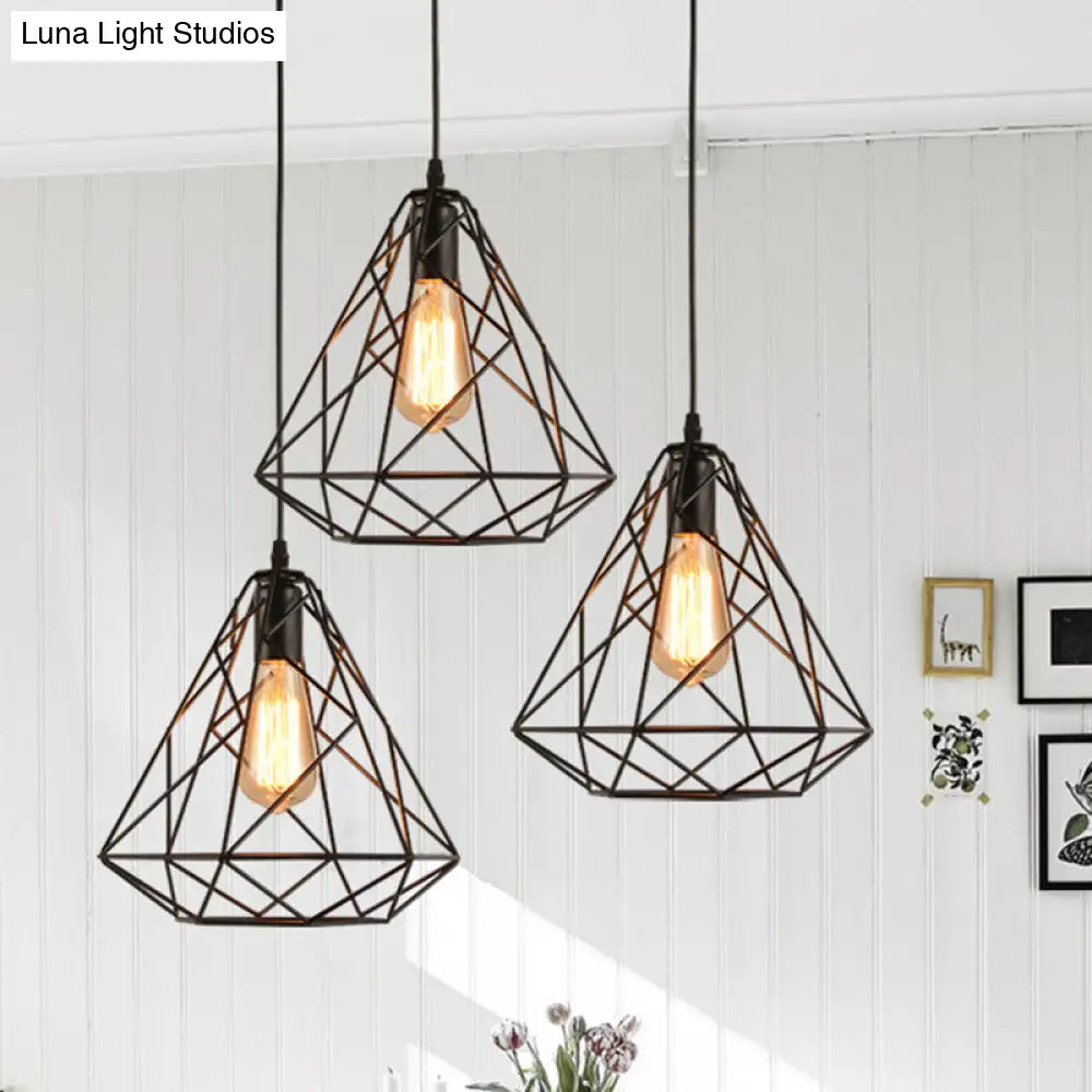 Vintage Metal Diamond Cage Pendant Light For Dinning Room - Black