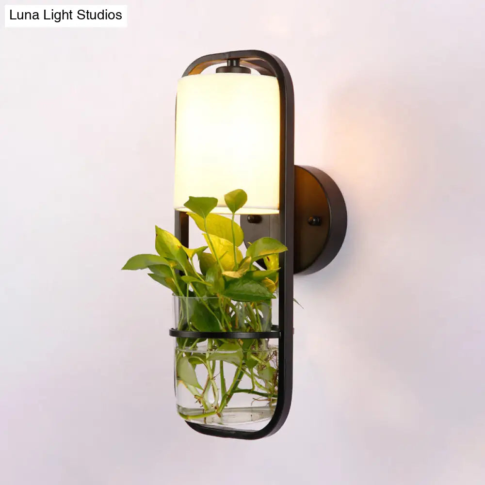 Vintage Metal Led Wall Lamp With Plant Container - Black Sconce Shade For Bedroom