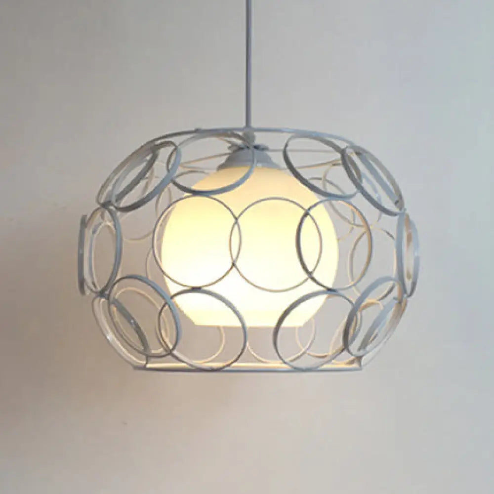Vintage Metal Pendant Light With Opal Glass Shade - Black/White Wire Frame Indoor Hanging Ceiling