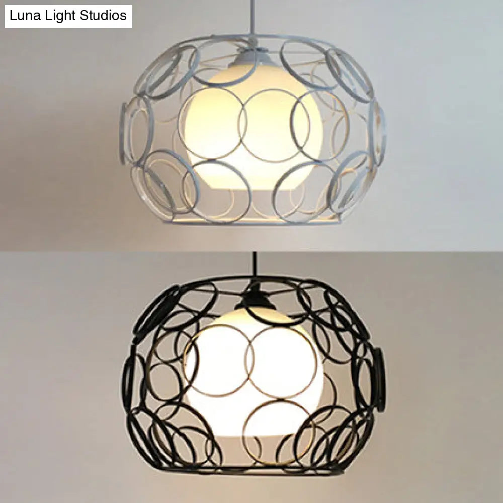 Vintage Metal Pendant Light With Opal Glass Shade - Black/White Wire Frame Indoor Hanging Ceiling