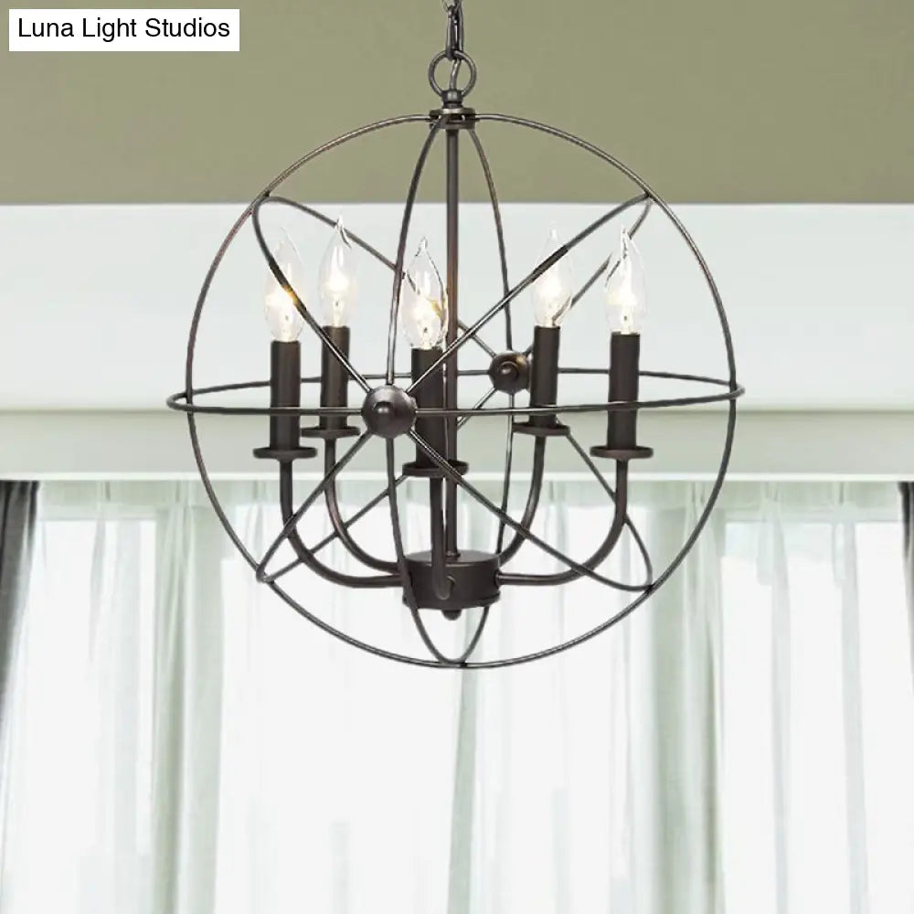Vintage Metal Strap Globe Chandelier Pendant Light - 5 Bulb Hanging Lamp In Black Ideal For