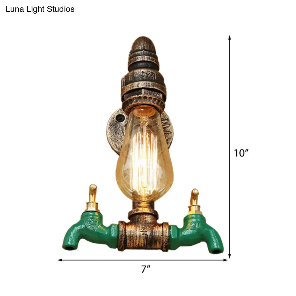Vintage Metal Wall Lighting Fixture With Double Faucet And Aged Brass Pipe For Living Room