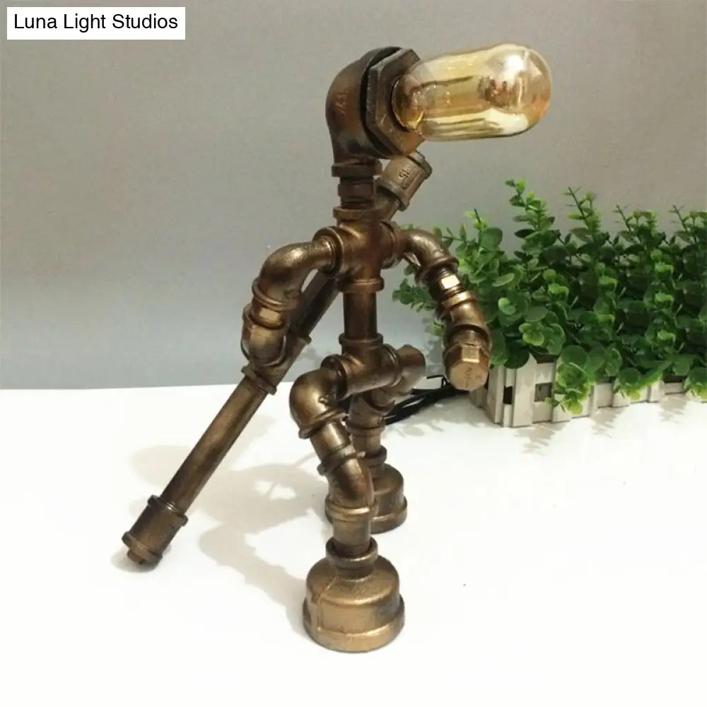 Vintage Metallic Brass Robot Design Table Lamp - Unique Coffee Shop Light With Plumbing Pipe Accent