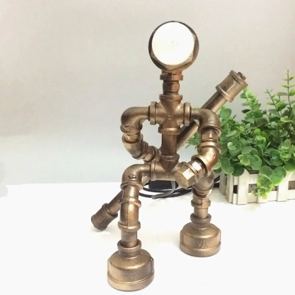 Vintage Metallic Brass Robot Design Table Lamp - Unique Coffee Shop Light With Plumbing Pipe Accent