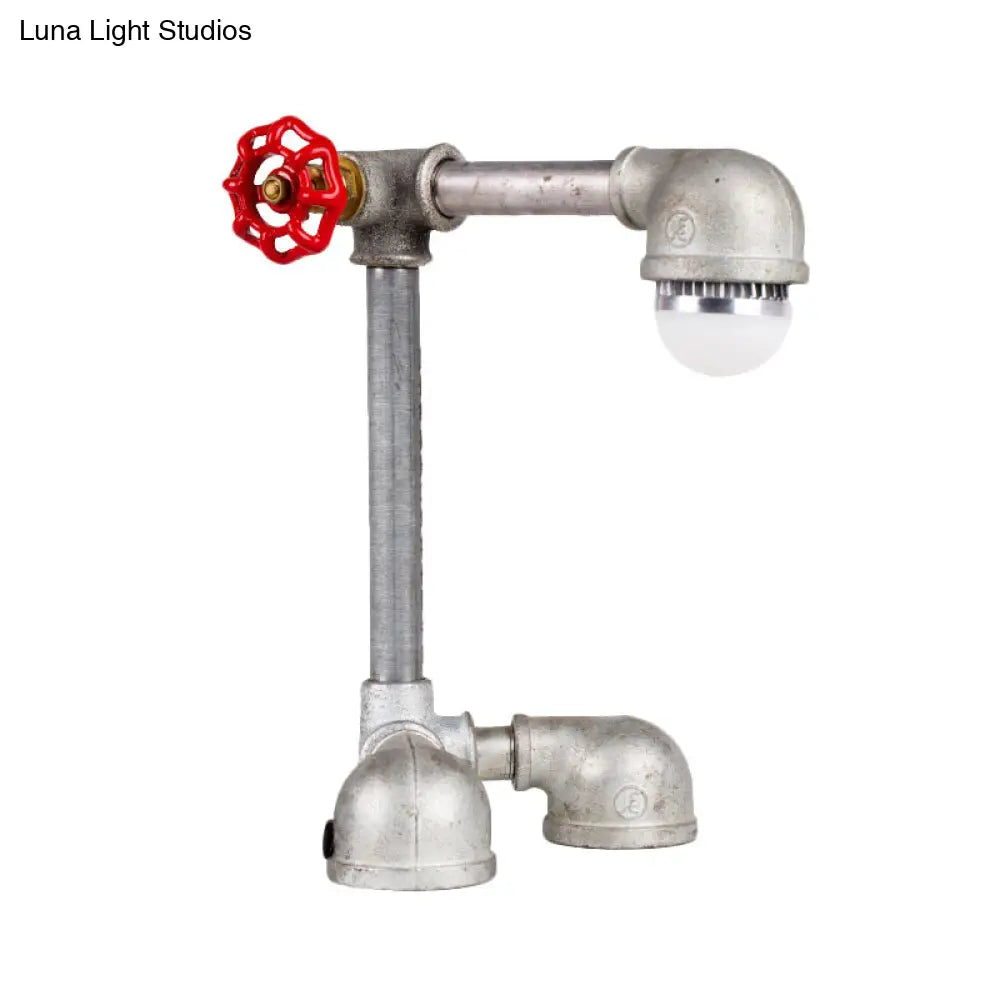 Vintage Night Table Lamp - Metallic Grey Finish Right Angle Pipe Design With Valve Handle And 1 Bulb