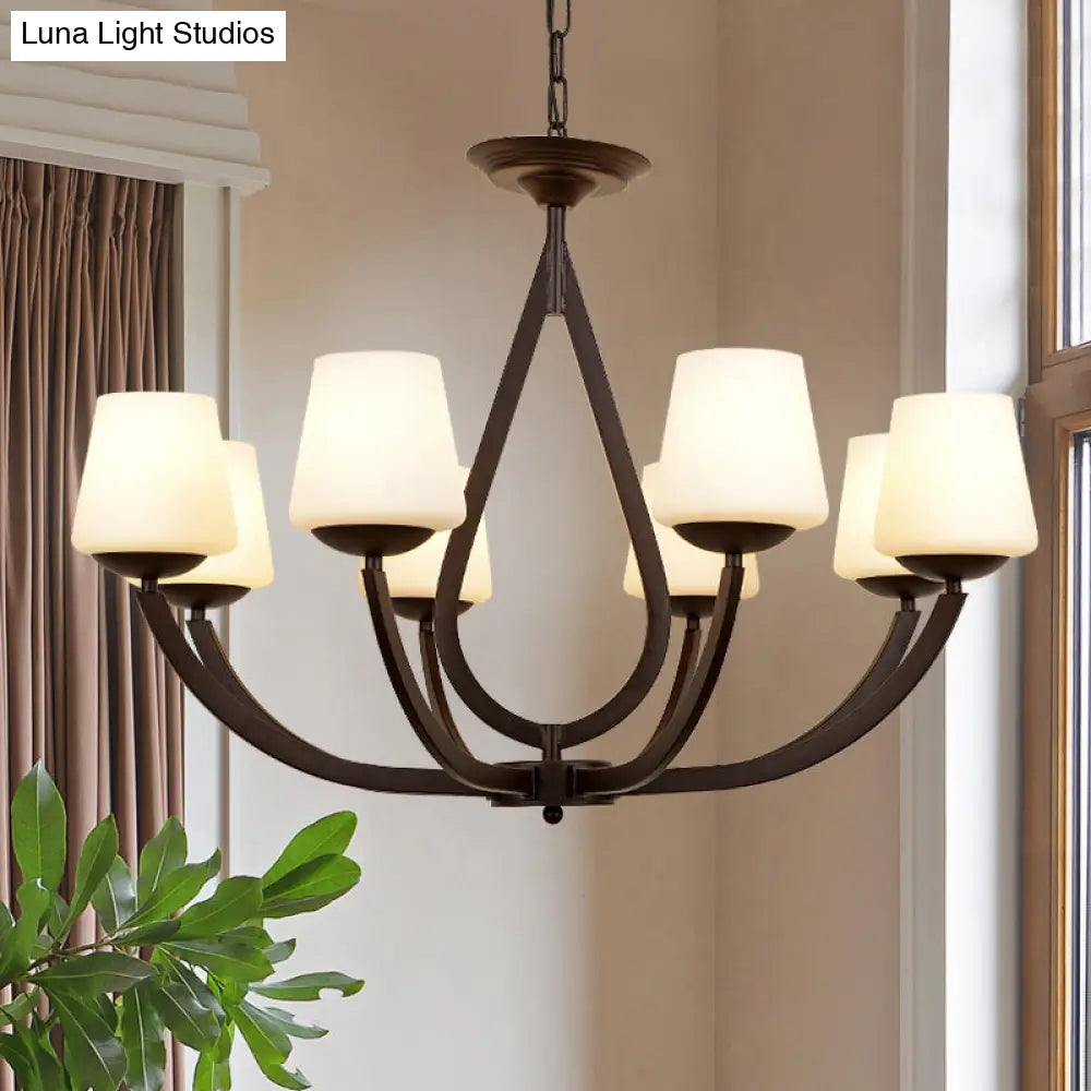 Vintage Pendant Light With Milk Glass Shade - Metal Black Finish Chandelier Swoop Arm