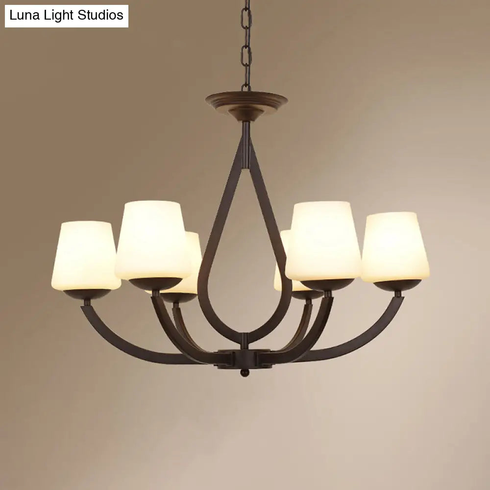Vintage Pendant Light With Milk Glass Shade - Metal Black Finish Chandelier Swoop Arm