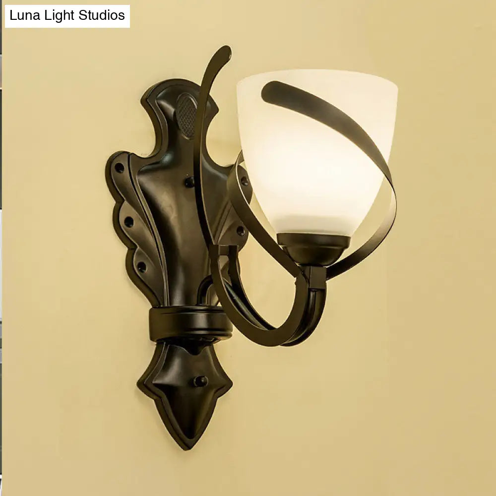 Vintage Porch Wall Lamp - White Glass Black Dome Sconce With Curvy Arm 1/2-Light