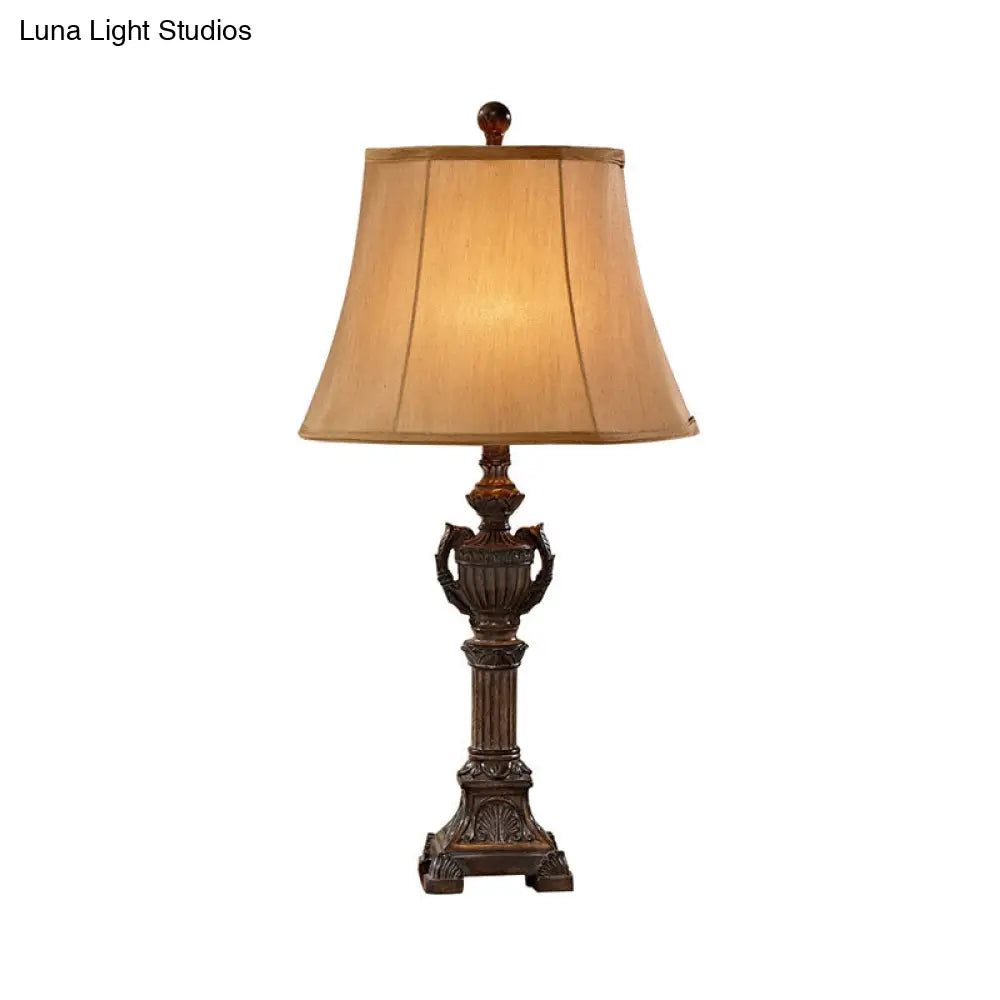 Vintage Resin Bronze Column Table Lamp With Flared Fabric Shade - 1 Light For Living Room Reading
