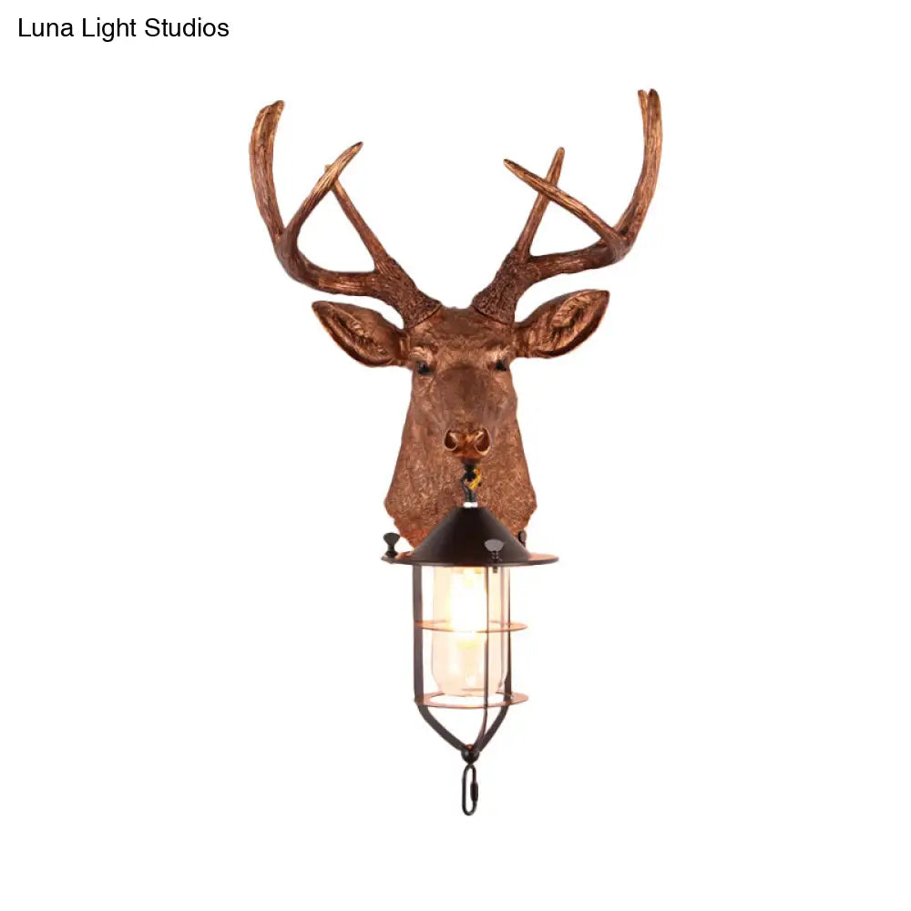 Vintage Resin Deer-Head Wall Lamp Sconce With Cage - Brown 1 Bulb Mount Lighting