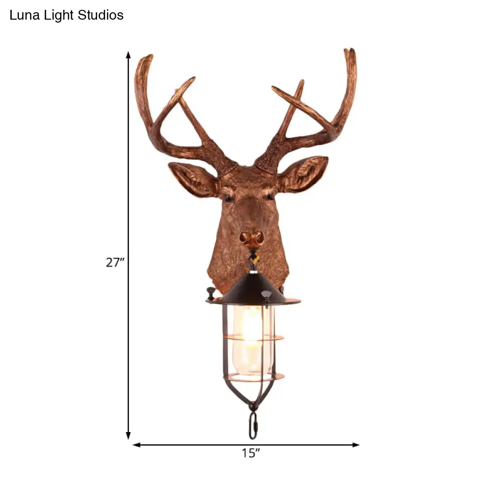 Vintage Resin Deer-Head Wall Lamp Sconce With Cage - Brown 1 Bulb Mount Lighting