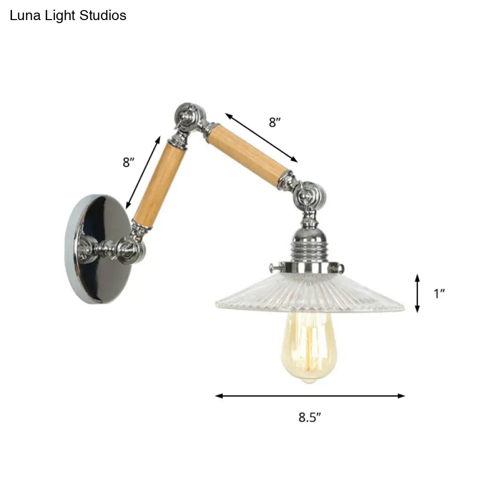 Vintage Ribbed Glass Saucer Wall Sconce With Extendable Wooden Arm For Study Room Lighting