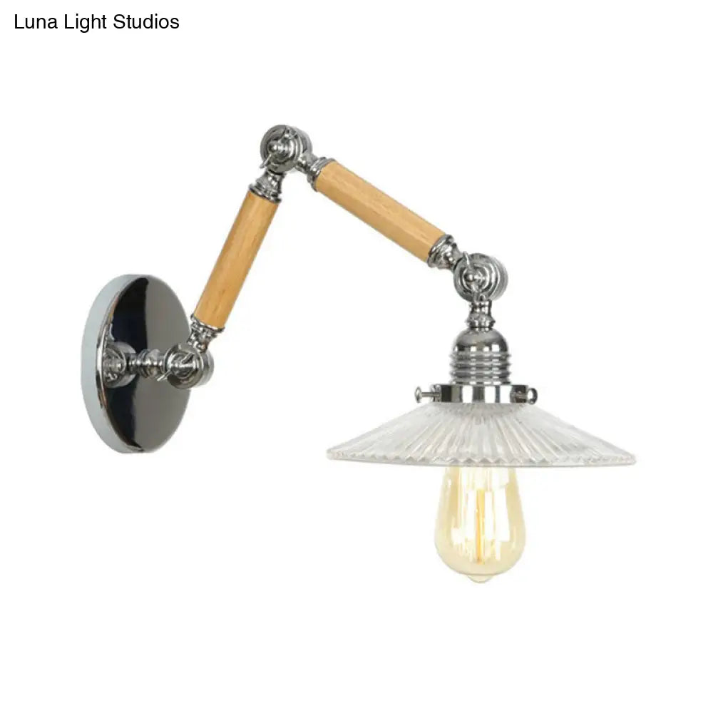Vintage Ribbed Glass Saucer Wall Sconce With Extendable Wooden Arm For Study Room Lighting