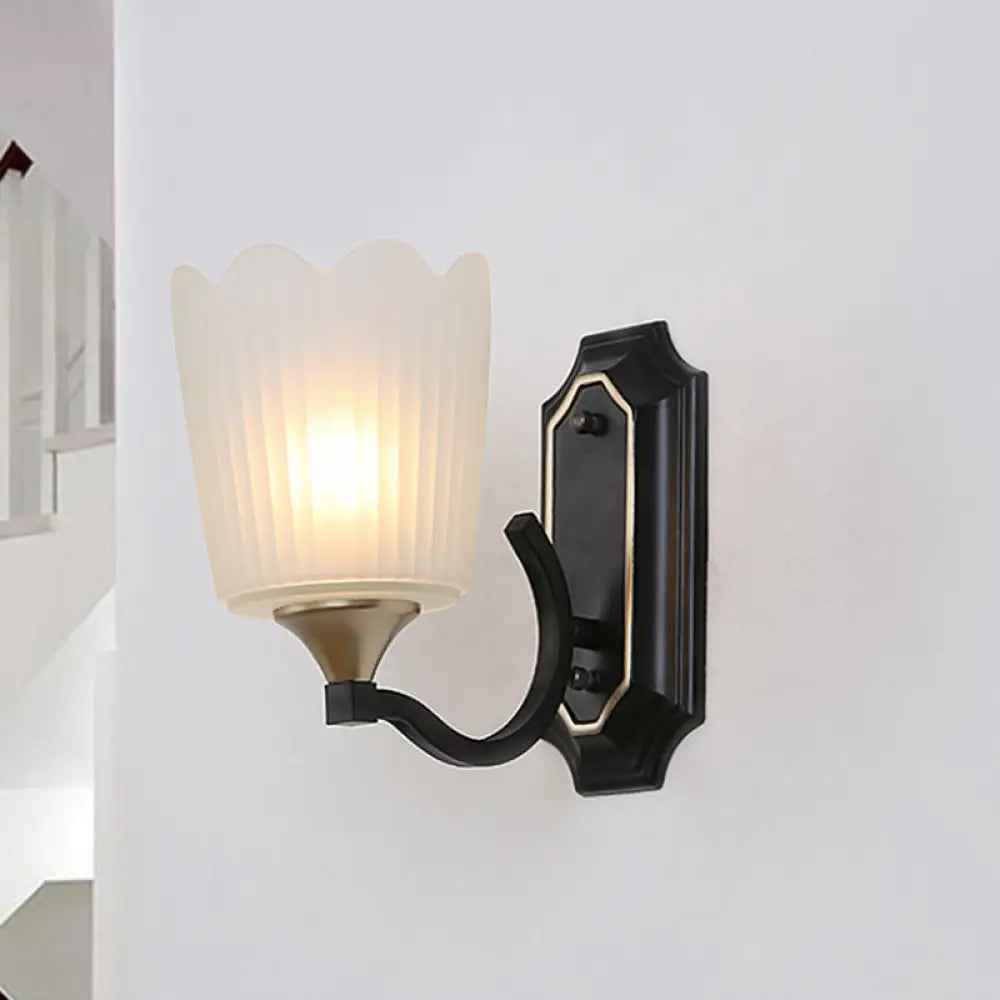 Vintage Scalloped Cup Wall Sconce With Frosted Glass And Black Finish 1 /
