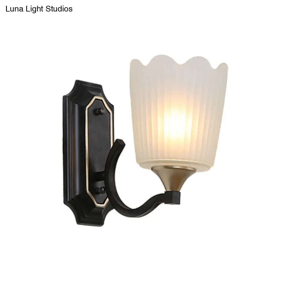 Vintage Scalloped Cup Wall Sconce With Frosted Glass And Black Finish