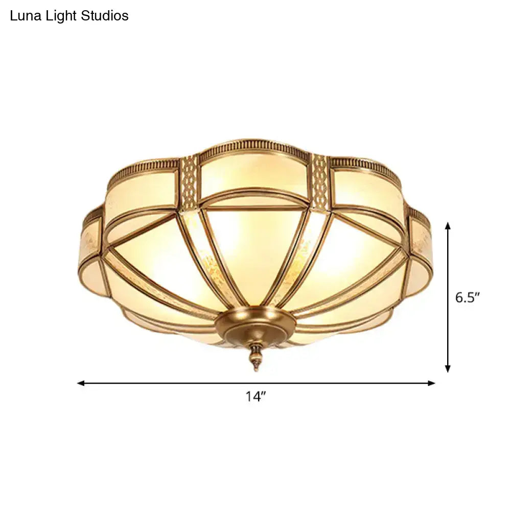 Vintage Scalloped Frosted Glass Flush Mount Light With Brass Finish - 3 Lights For Bedroom Ceiling