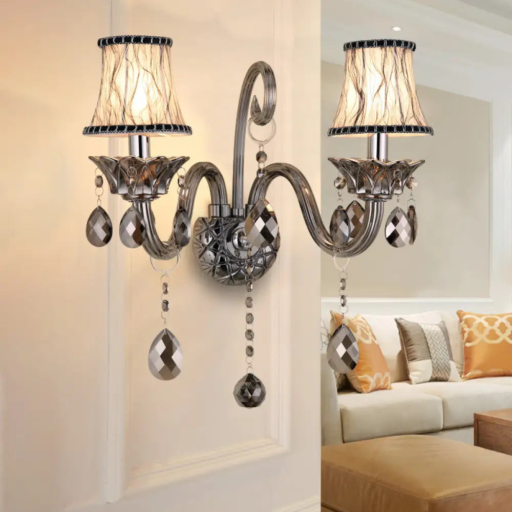 Vintage Smoke Gray Crystal Bell Sconce - Half-Bulb Retro Wall Lamp With Fabric Shade For Living Room