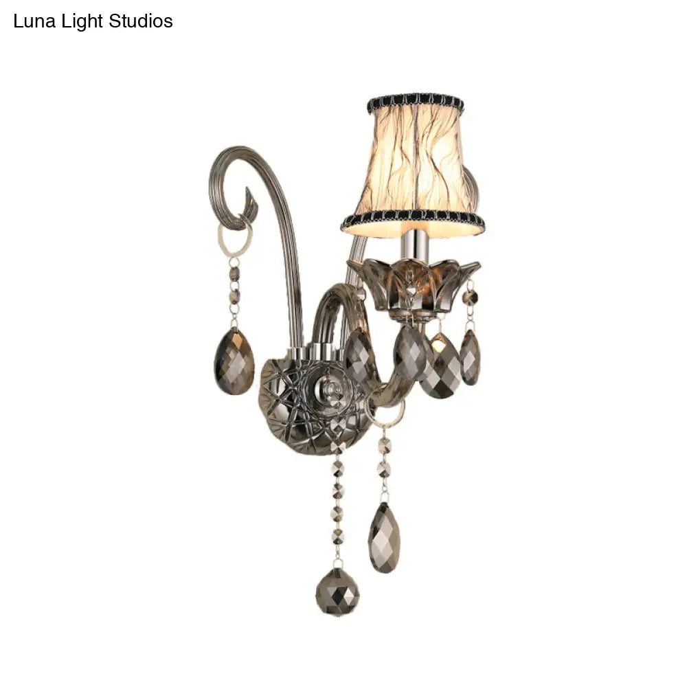 Vintage Smoke Gray Crystal Bell Sconce - Half-Bulb Retro Wall Lamp With Fabric Shade For Living Room