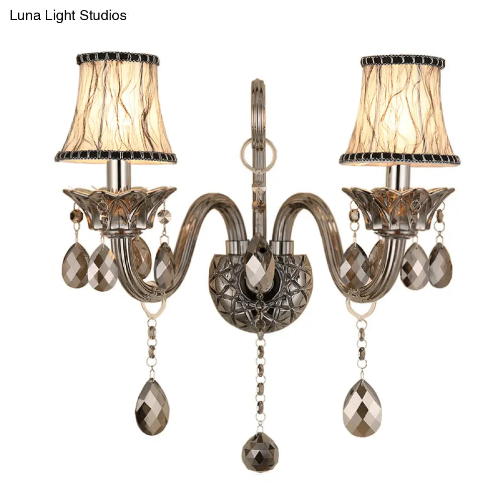 Vintage Smoke Gray Crystal Bell Sconce - Half-Bulb Retro Wall Lamp With Fabric Shade For Living Room