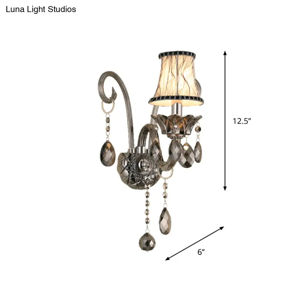 Vintage Smoke Gray Crystal Bell Sconce - Half-Bulb Retro Wall Lamp With Fabric Shade For Living Room