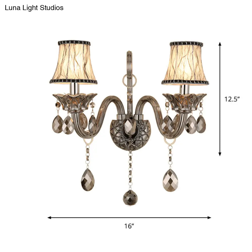 Vintage Smoke Gray Crystal Bell Sconce - Half-Bulb Retro Wall Lamp With Fabric Shade For Living Room