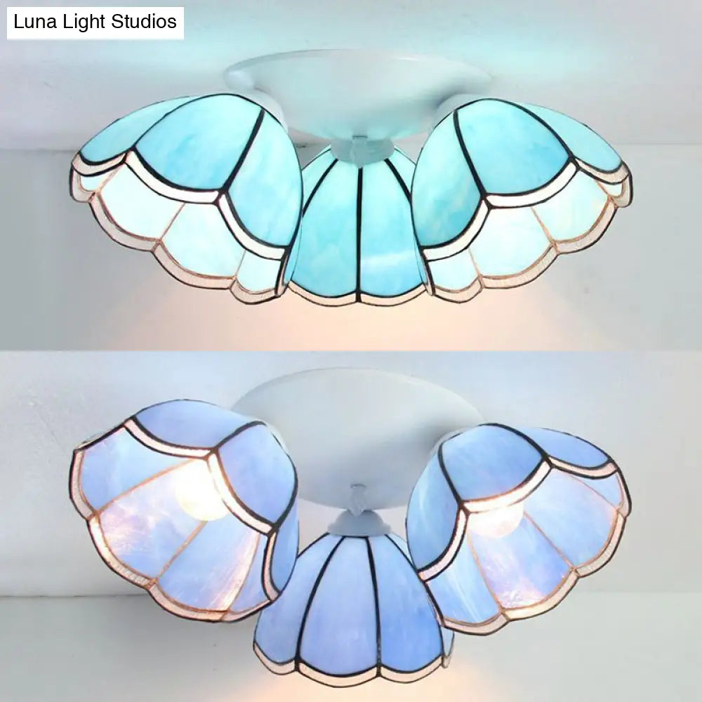 Vintage Stained Glass Ceiling Light Fixture - 3 - Light Industrial Domed Design In Blue Tones