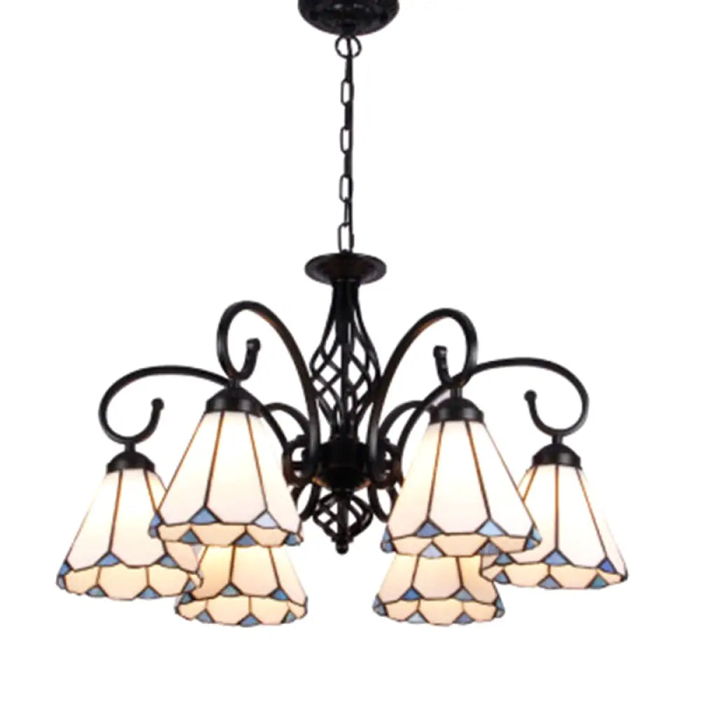 Vintage Stained Glass Chandelier Handcrafted Floral Hanging Light For Hall 6 / White