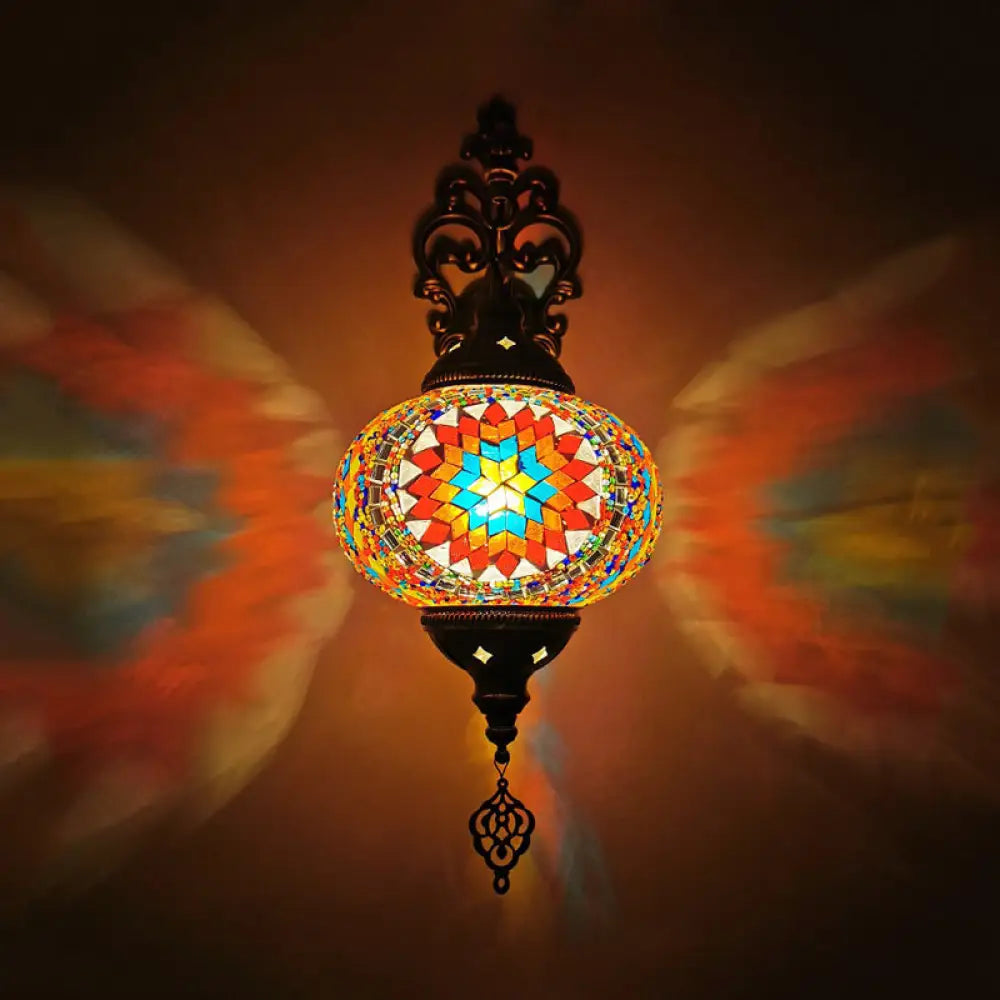 Vintage Stained Glass Globe Wall Sconce - Artistic Indoor Lamp With White/Red/Orange Lighting Red