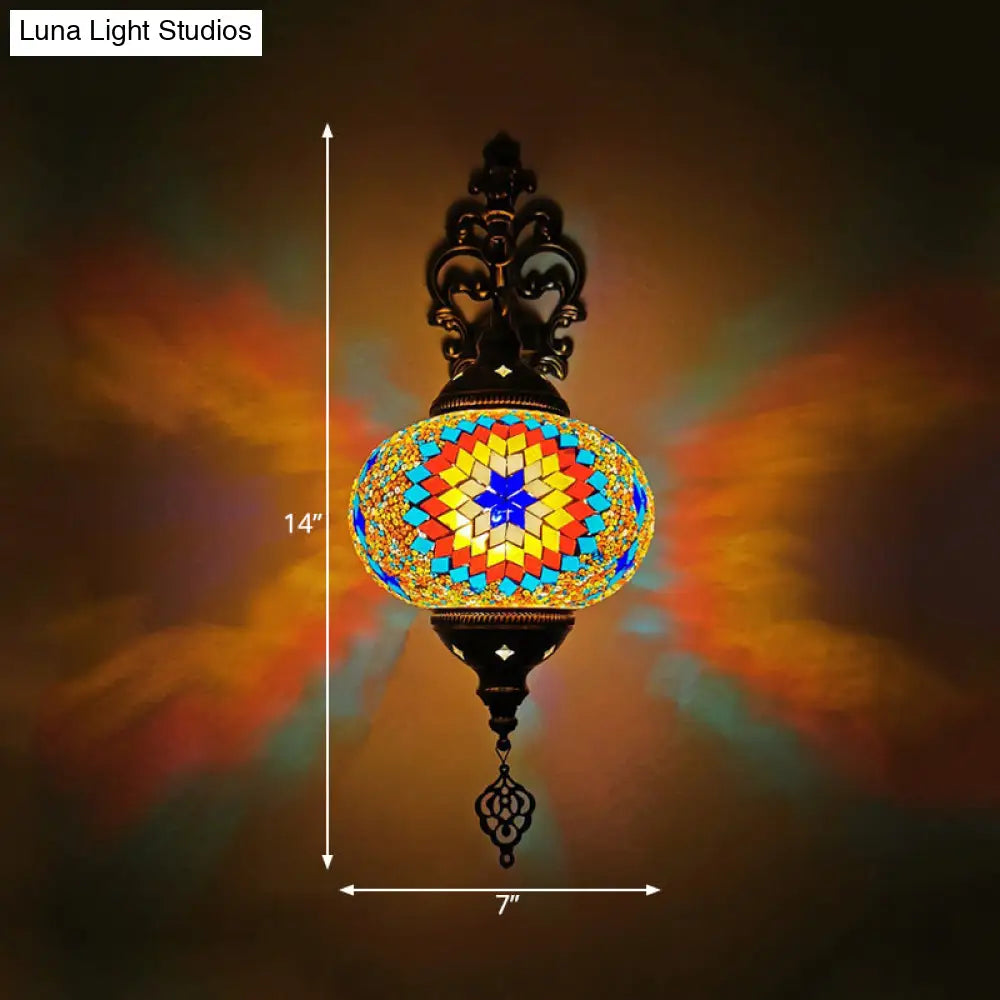 Vintage Stained Glass Globe Wall Sconce - Artistic Indoor Lamp With White/Red/Orange Lighting