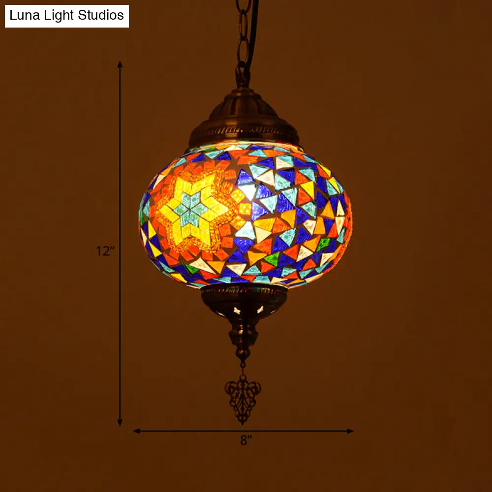 Vintage Stained Glass Spherical Hanging Pendant In Red/Blue/Yellow For Living Room
