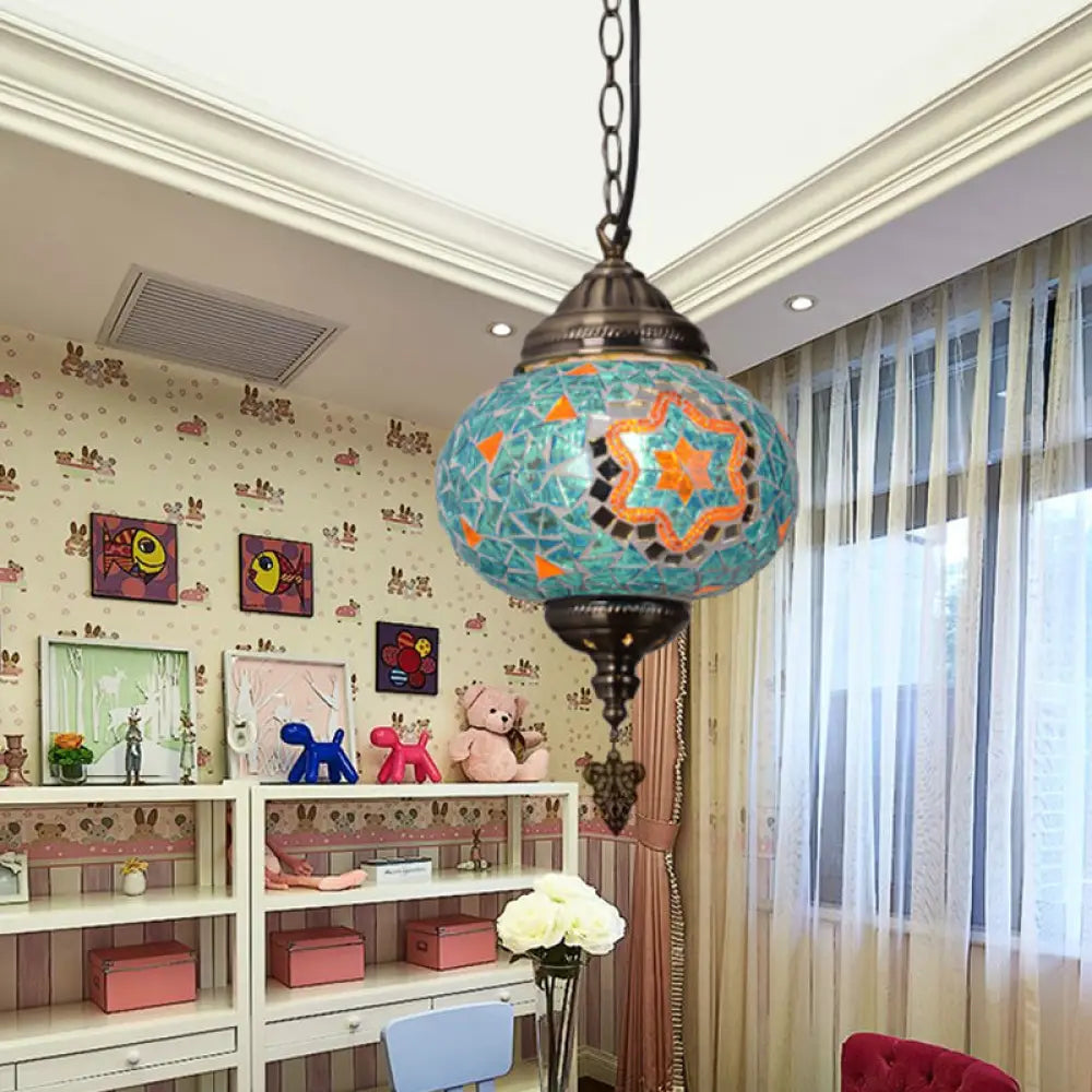 Vintage Stained Glass Spherical Hanging Pendant In Red/Blue/Yellow For Living Room Blue