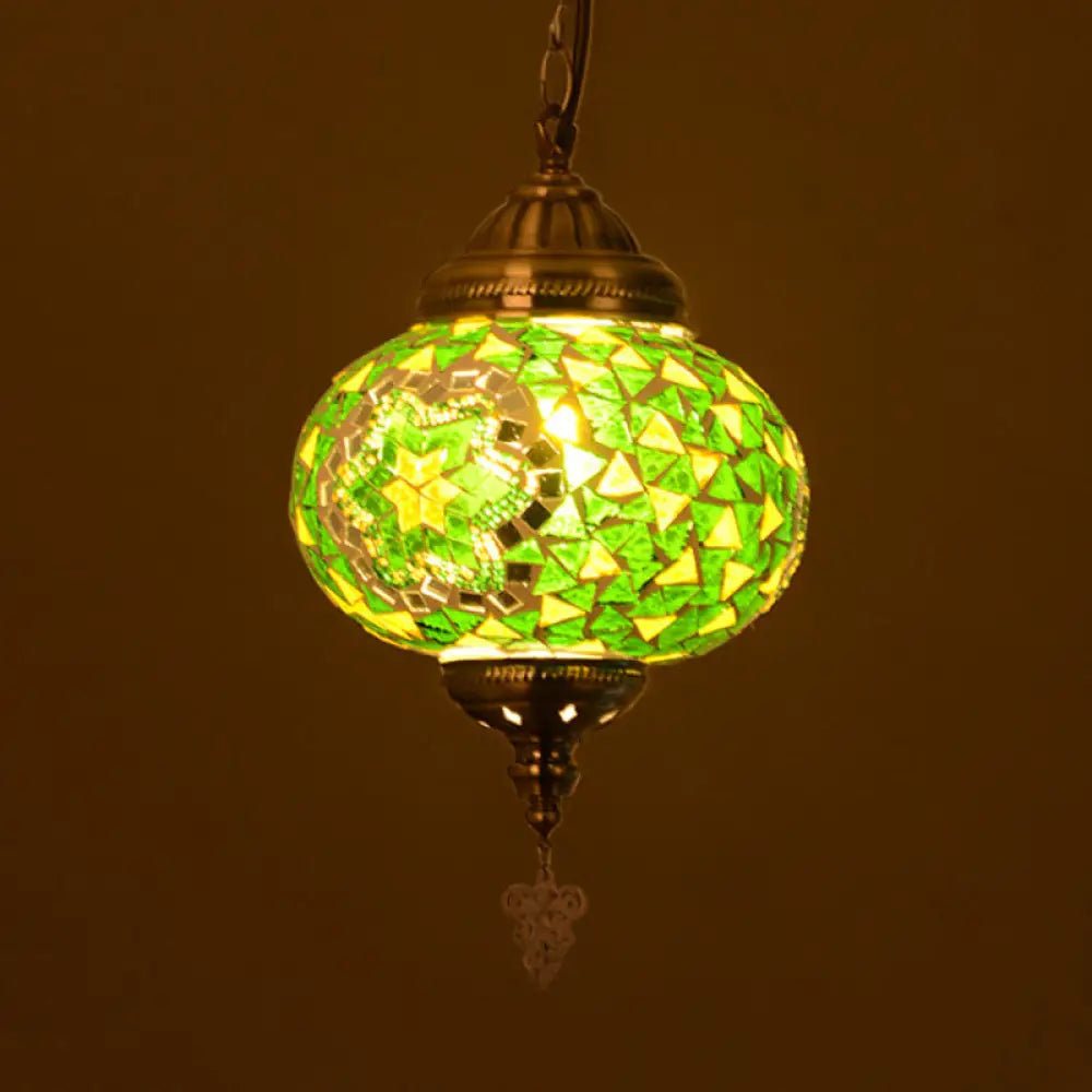 Vintage Stained Glass Spherical Hanging Pendant In Red/Blue/Yellow For Living Room Green