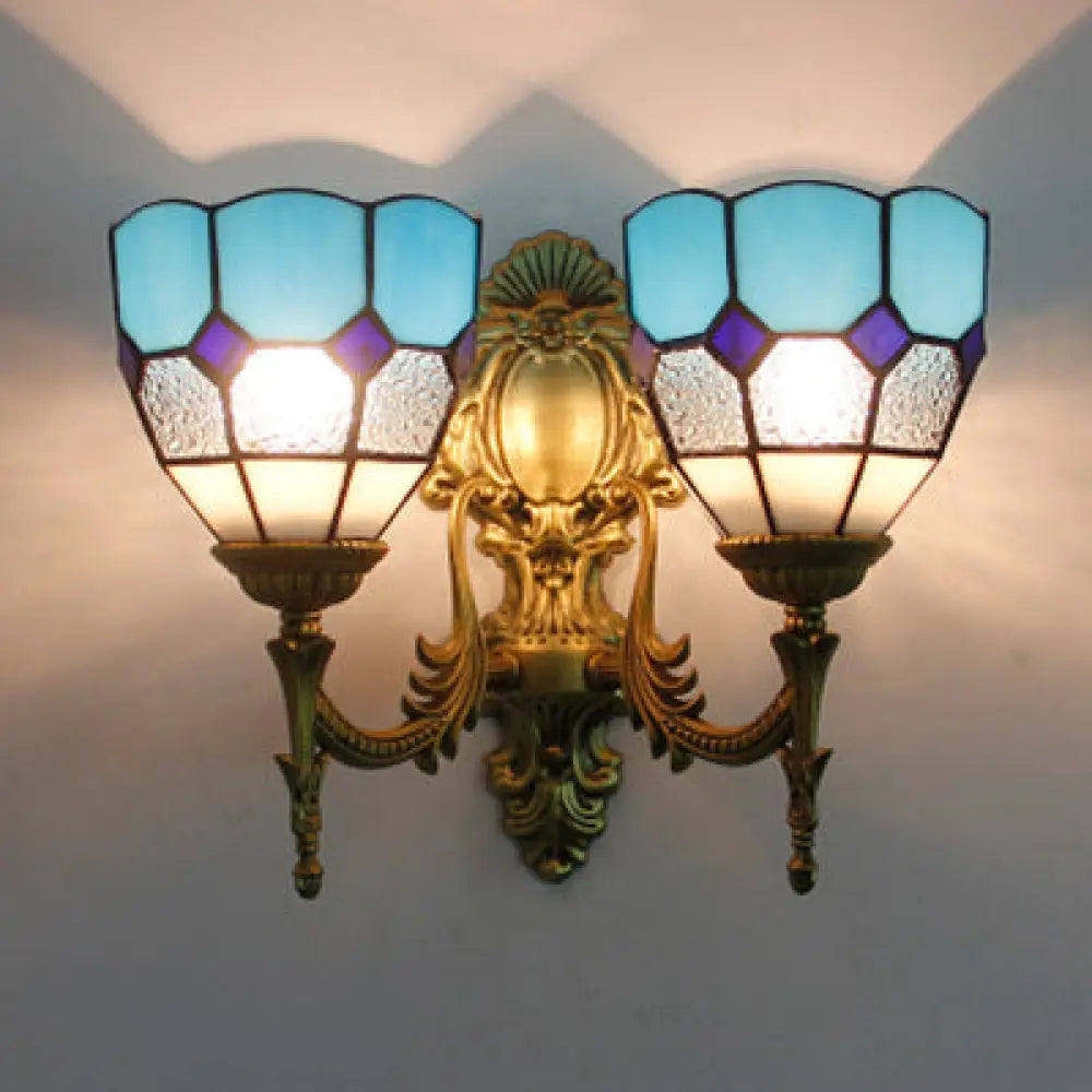 Vintage Stained Glass Wall Lighting: 2-Light Bowl Mount In Blue/Sky Blue For Living Room Sky