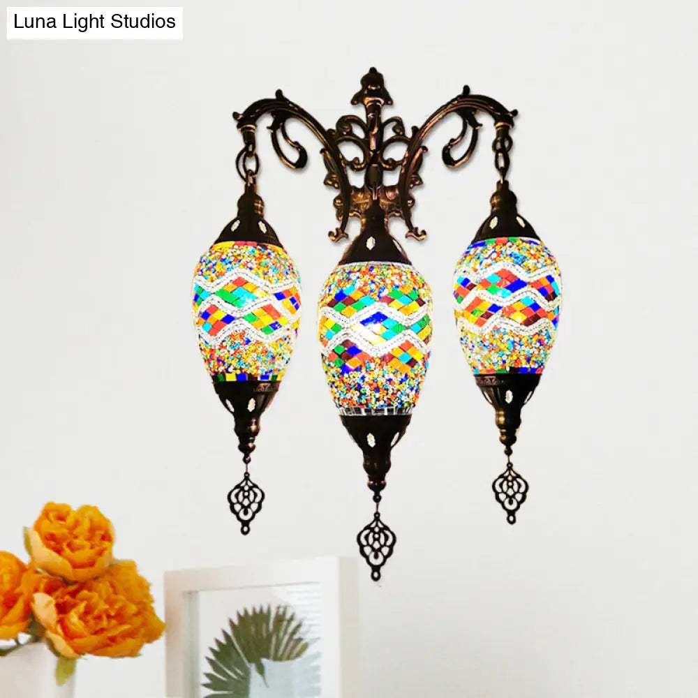 Vintage Stained Glass Wall Mount Light Fixture - Yellow/Orange/Blue Oval 3 Lights