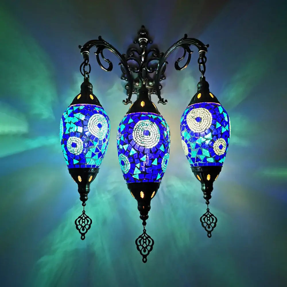Vintage Stained Glass Wall Mount Light Fixture - Yellow/Orange/Blue Oval 3 Lights Blue