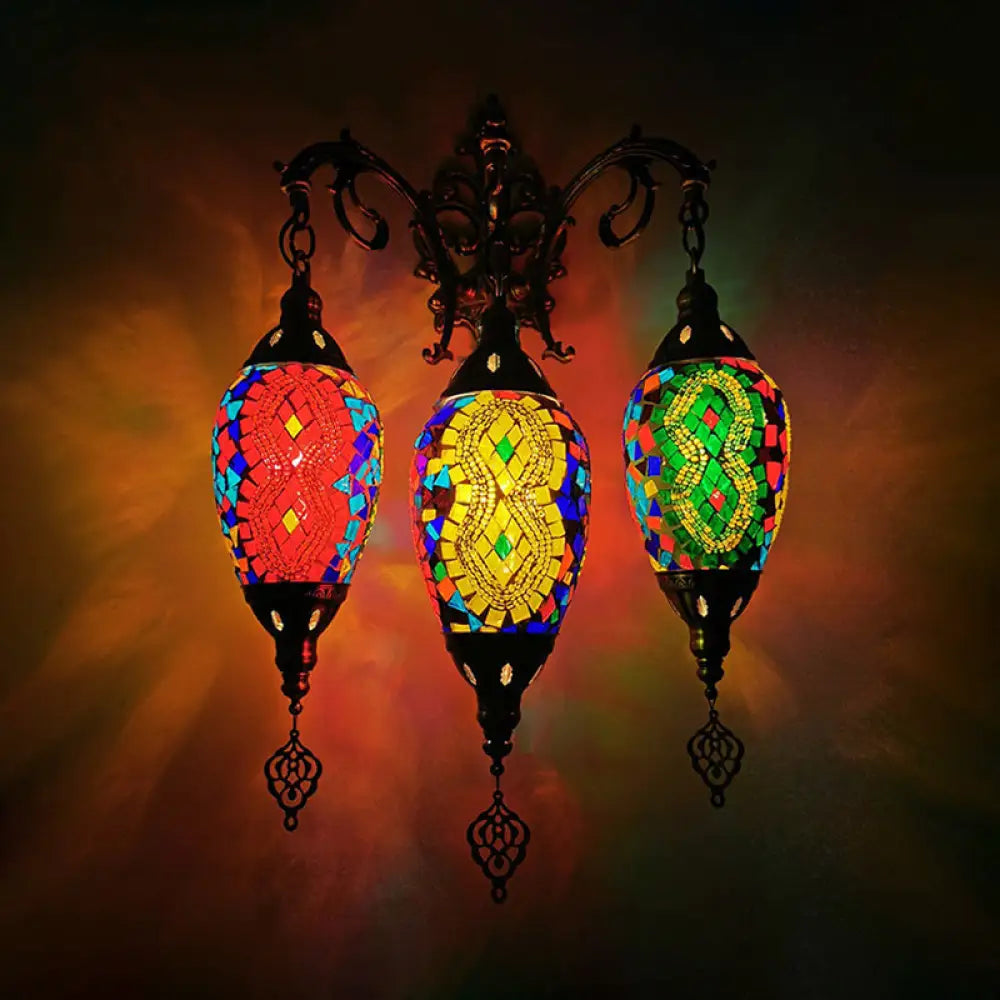 Vintage Stained Glass Wall Mount Light Fixture - Yellow/Orange/Blue Oval 3 Lights Red-Yellow-Green