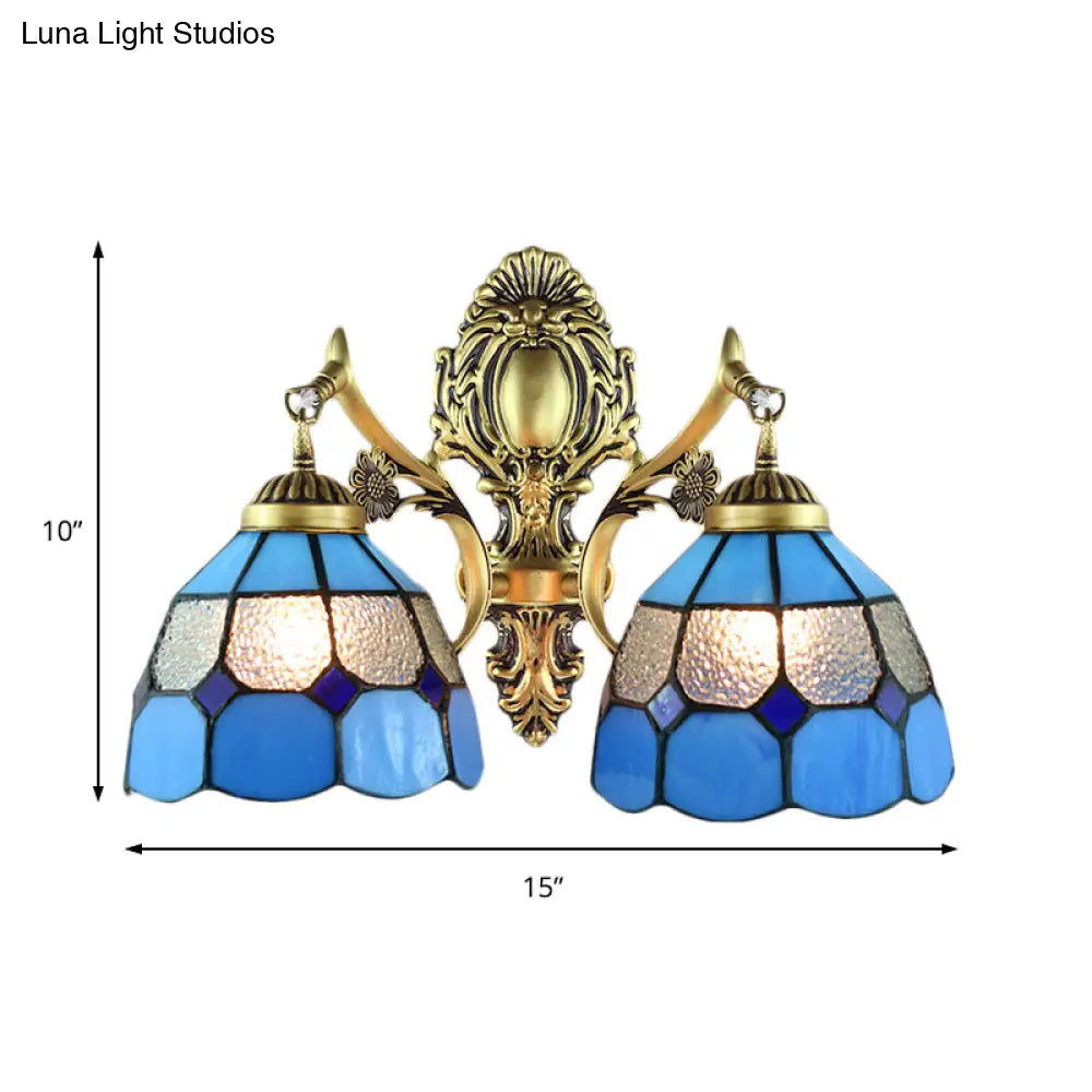 Vintage Stained Glass Wall Mount Lighting Fixture - 2-Headed Blue Perfect For Stairways