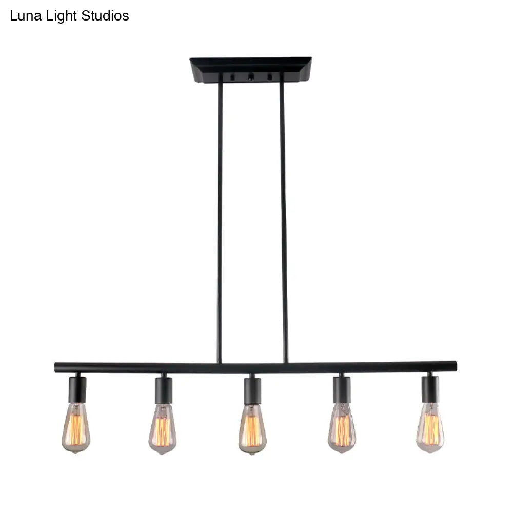 Vintage Style 5-Head Black Finish Linear Island Lamp - Metallic Hanging Light For Dining Room