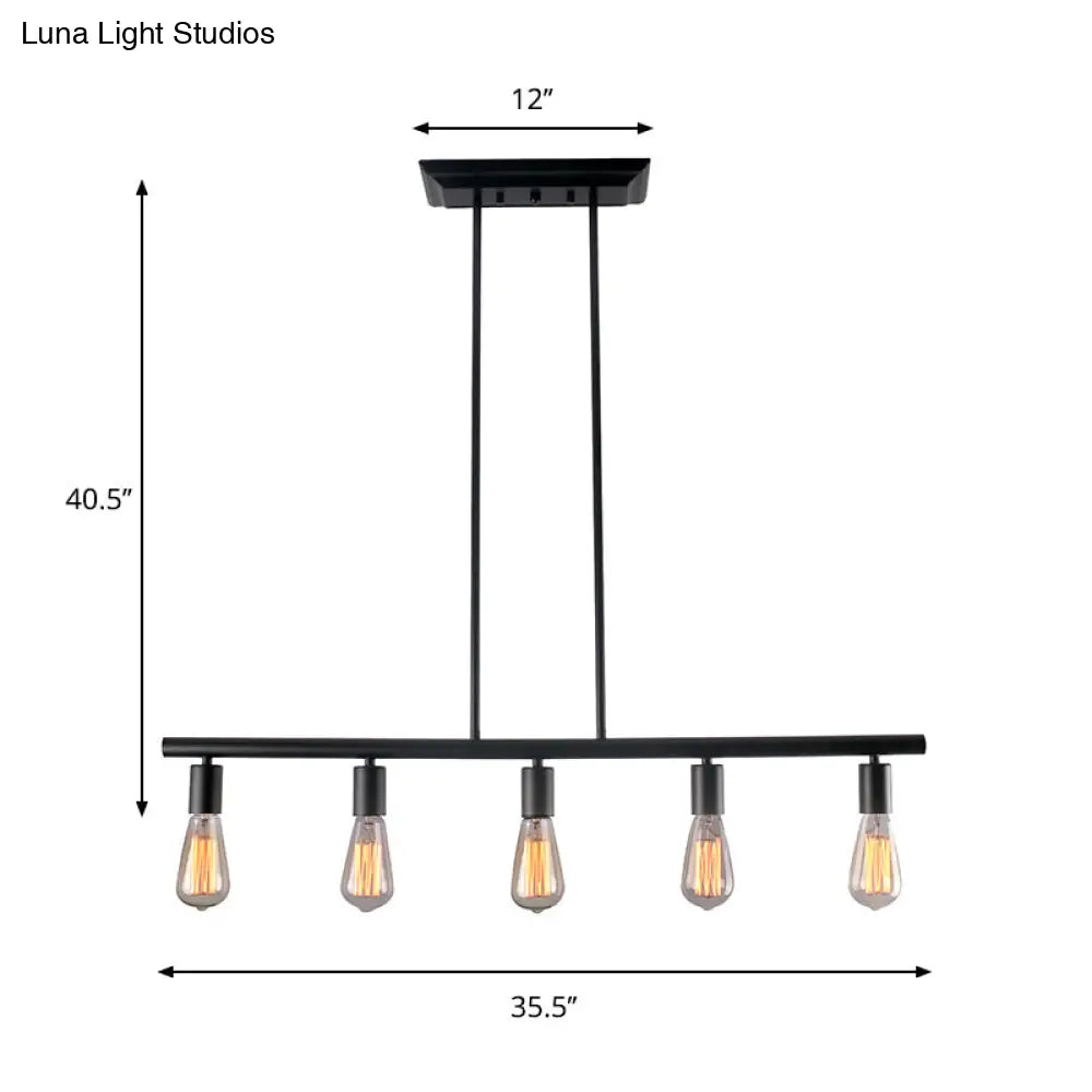 Vintage Style 5-Head Black Finish Linear Island Lamp - Metallic Hanging Light For Dining Room