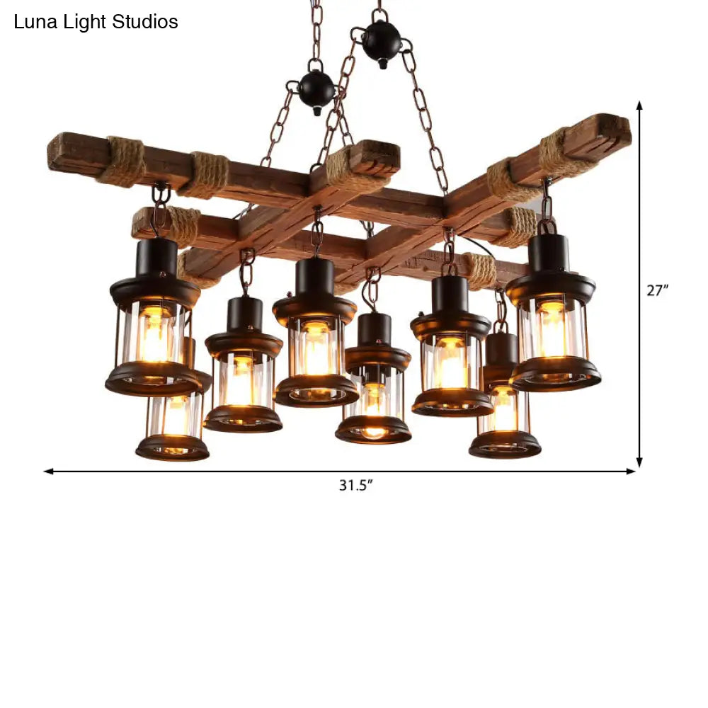 Vintage Style Black Lantern Chandelier With Clear Glass And Wood Frame - Ideal For Coffee Shops